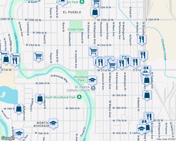 map of restaurants, bars, coffee shops, grocery stores, and more near 2236 North Shelton Street in Wichita