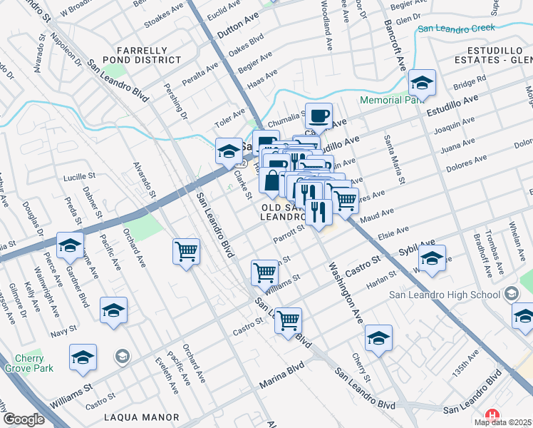 map of restaurants, bars, coffee shops, grocery stores, and more near 348 West Juana Avenue in San Leandro