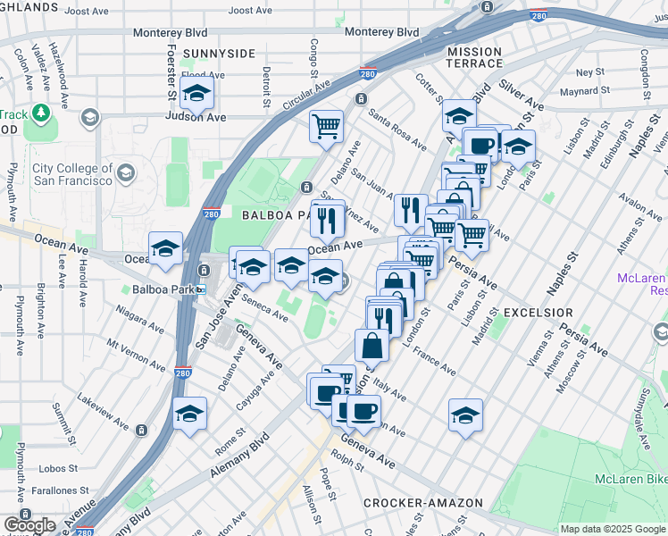 map of restaurants, bars, coffee shops, grocery stores, and more near in San Francisco