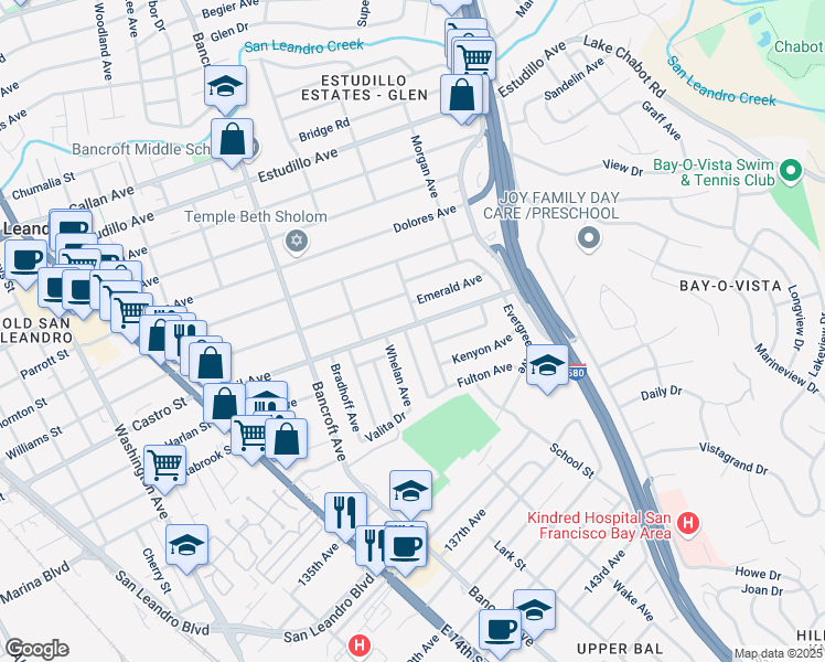 map of restaurants, bars, coffee shops, grocery stores, and more near 785 Sybil Avenue in San Leandro