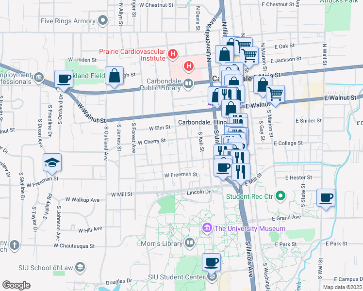 map of restaurants, bars, coffee shops, grocery stores, and more near 513 South Poplar Street in Carbondale