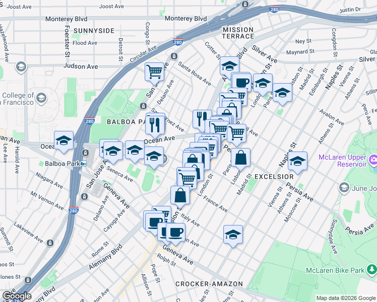 map of restaurants, bars, coffee shops, grocery stores, and more near 60 Onondaga Avenue in San Francisco