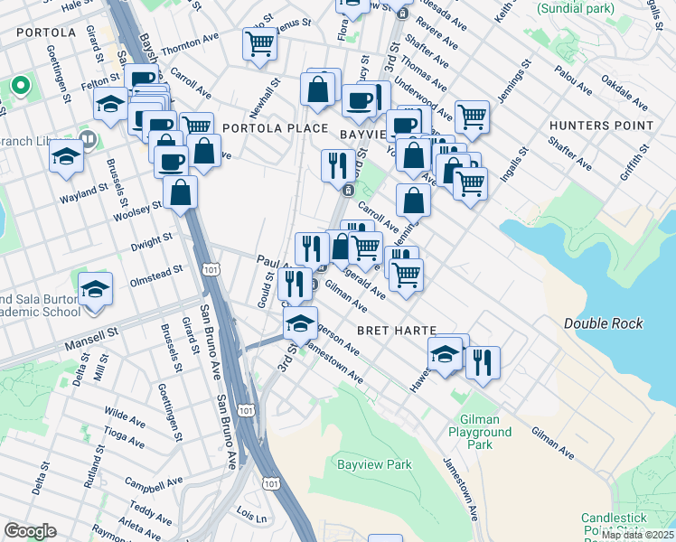 map of restaurants, bars, coffee shops, grocery stores, and more near 1326 Gilman Avenue in San Francisco