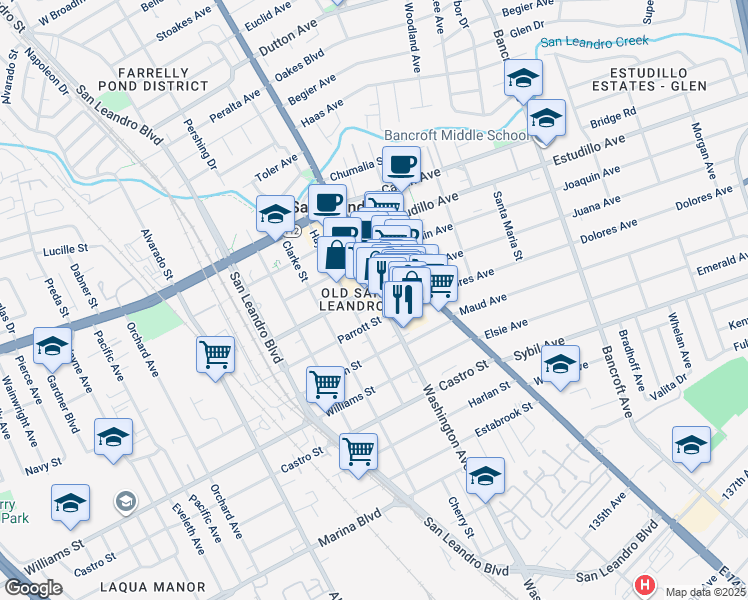 map of restaurants, bars, coffee shops, grocery stores, and more near in San Leandro