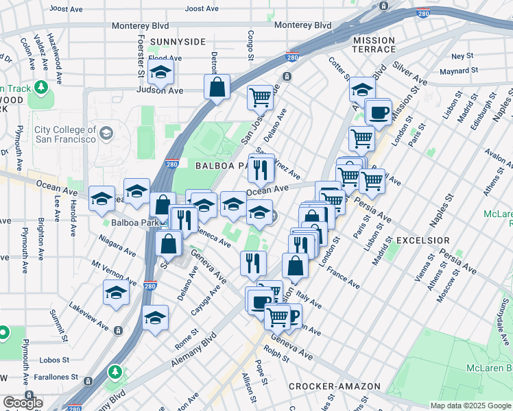 map of restaurants, bars, coffee shops, grocery stores, and more near 456 Otsego Avenue in San Francisco