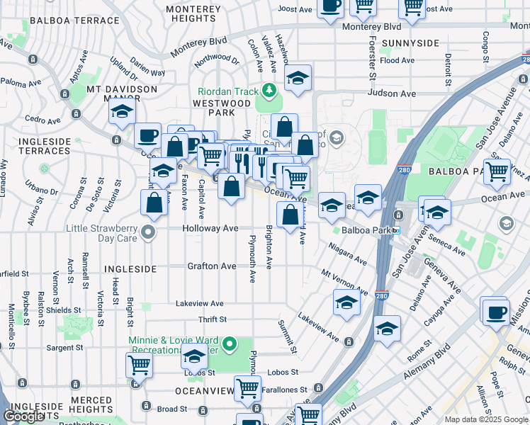 map of restaurants, bars, coffee shops, grocery stores, and more near 212 Holloway Avenue in San Francisco