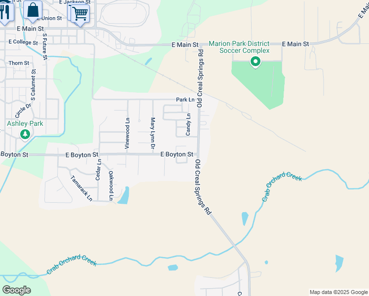 map of restaurants, bars, coffee shops, grocery stores, and more near 1803 East Boyton Street in Marion