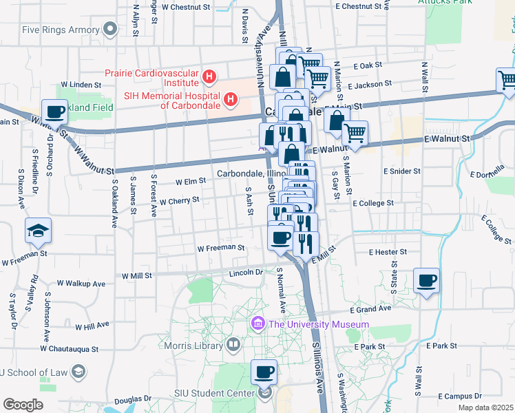 map of restaurants, bars, coffee shops, grocery stores, and more near 520 South University Avenue in Carbondale