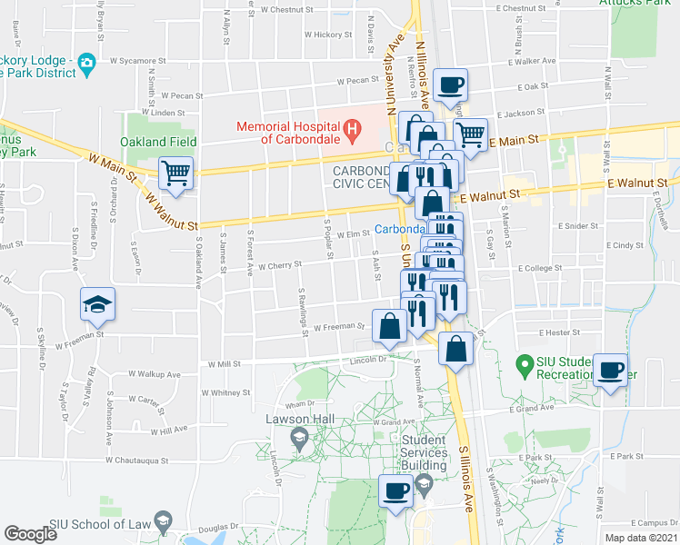 map of restaurants, bars, coffee shops, grocery stores, and more near 513 South Poplar Street in Carbondale