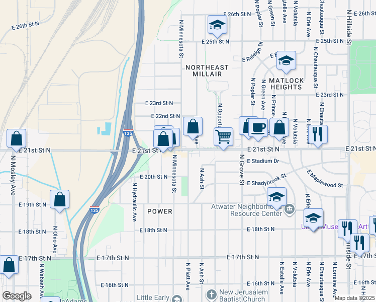 map of restaurants, bars, coffee shops, grocery stores, and more near 2341 North Piatt Avenue in Wichita