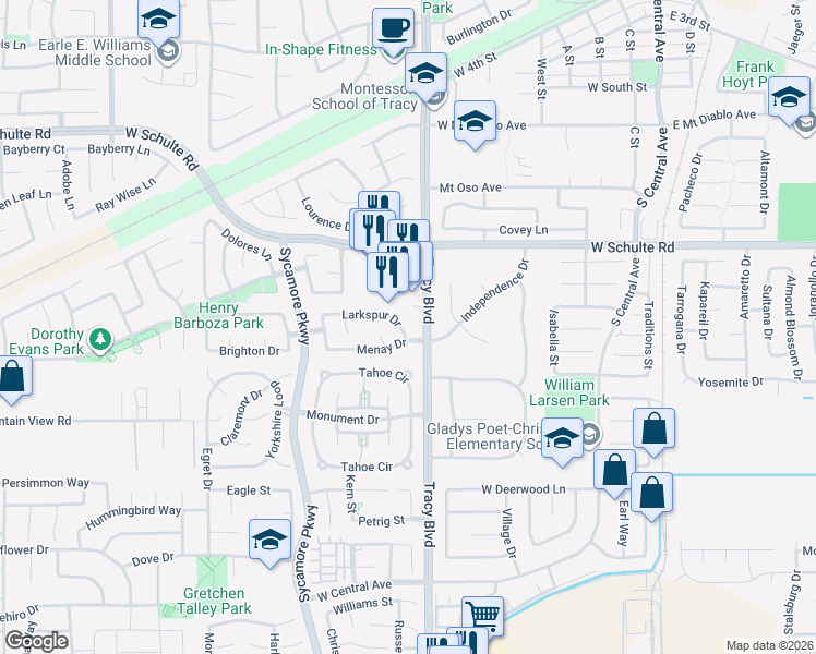 map of restaurants, bars, coffee shops, grocery stores, and more near 655 Larkspur Drive in Tracy