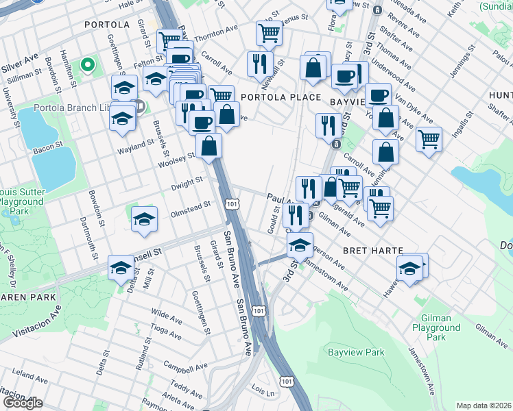 map of restaurants, bars, coffee shops, grocery stores, and more near 55 Exeter Street in San Francisco