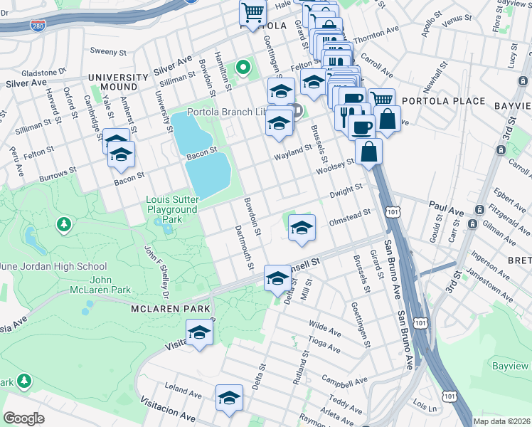 map of restaurants, bars, coffee shops, grocery stores, and more near 1106 Bowdoin Street in San Francisco