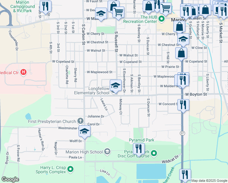 map of restaurants, bars, coffee shops, grocery stores, and more near 1400 West Hendrickson Street in Marion