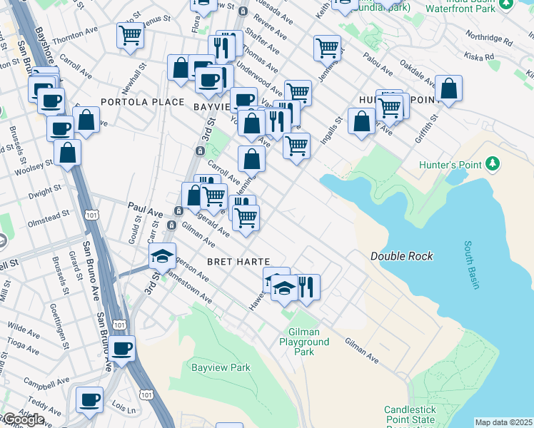 map of restaurants, bars, coffee shops, grocery stores, and more near 1350 Donner Avenue in San Francisco