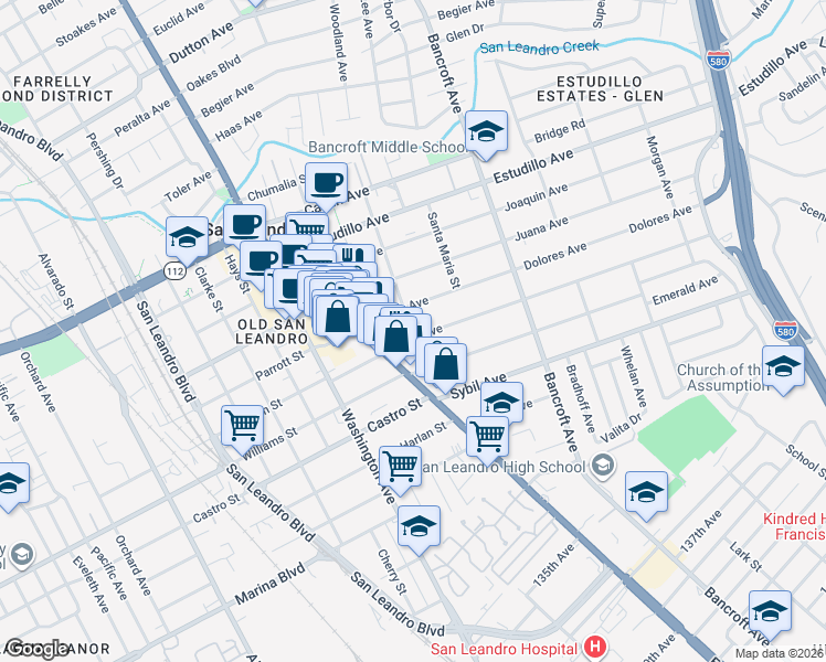 map of restaurants, bars, coffee shops, grocery stores, and more near 348 Maud Avenue in San Leandro