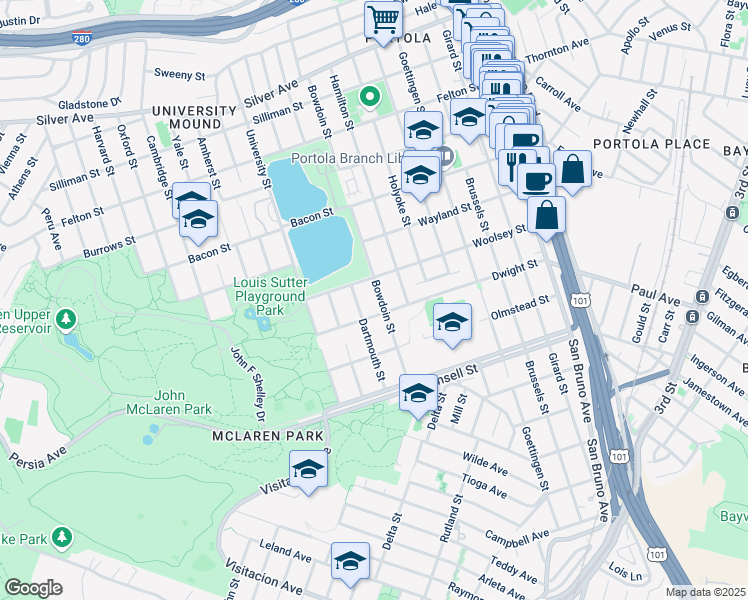 map of restaurants, bars, coffee shops, grocery stores, and more near 1106 Bowdoin Street in San Francisco