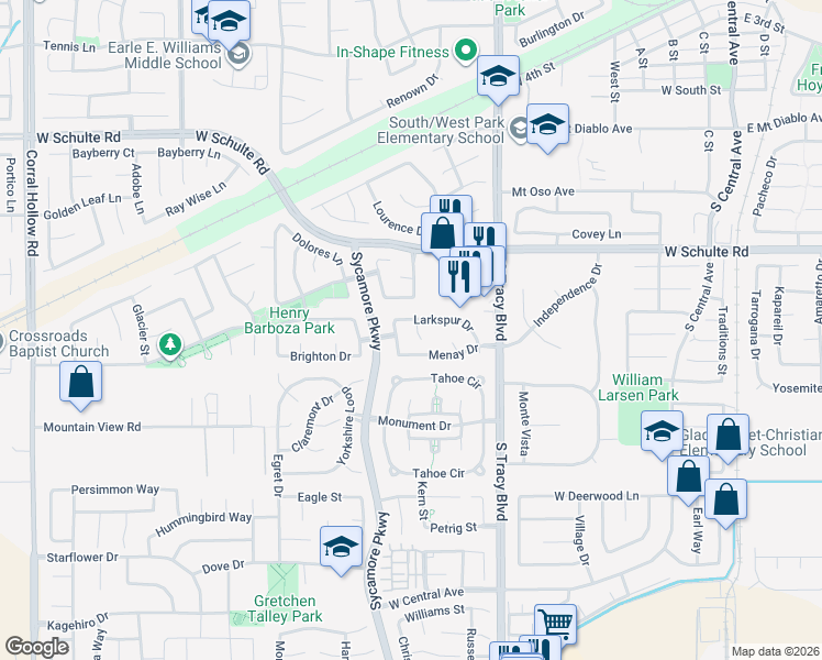 map of restaurants, bars, coffee shops, grocery stores, and more near 1140 Candlewood Drive in Tracy