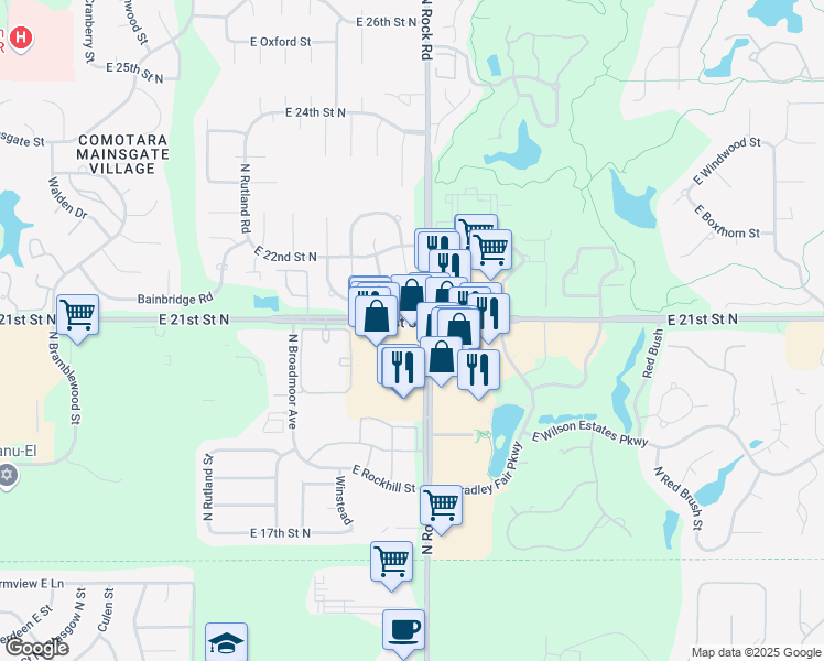 map of restaurants, bars, coffee shops, grocery stores, and more near in Wichita