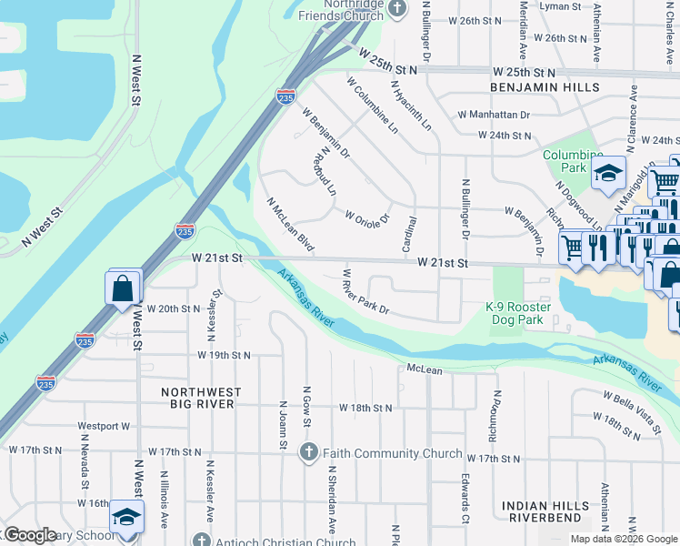 map of restaurants, bars, coffee shops, grocery stores, and more near 3021 West River Park Drive in Wichita