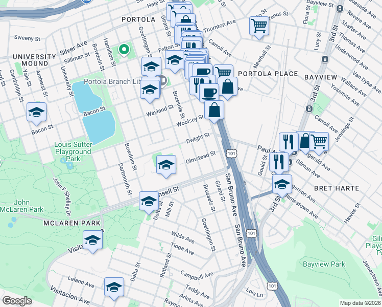 map of restaurants, bars, coffee shops, grocery stores, and more near 801 Goettingen Street in San Francisco