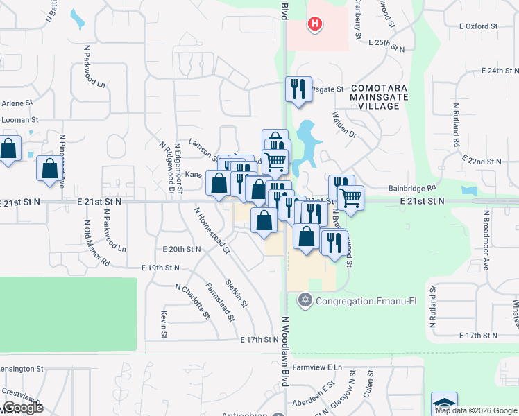 map of restaurants, bars, coffee shops, grocery stores, and more near 6249 East 21st Street North in Wichita