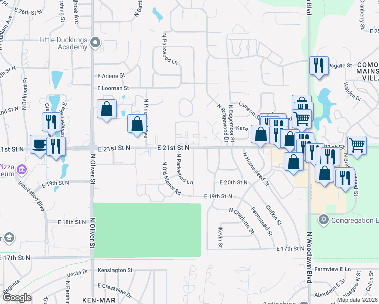 map of restaurants, bars, coffee shops, grocery stores, and more near 2108 N Ridgewood Dr in Wichita