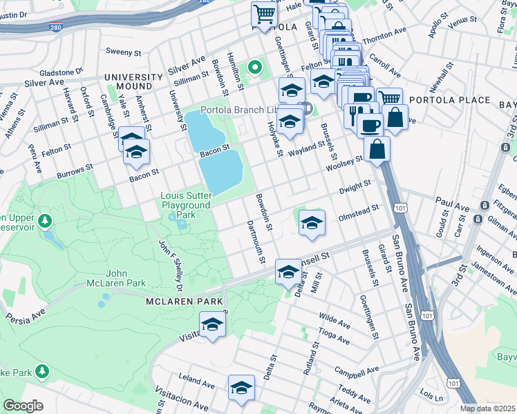 map of restaurants, bars, coffee shops, grocery stores, and more near 1106 Bowdoin Street in San Francisco