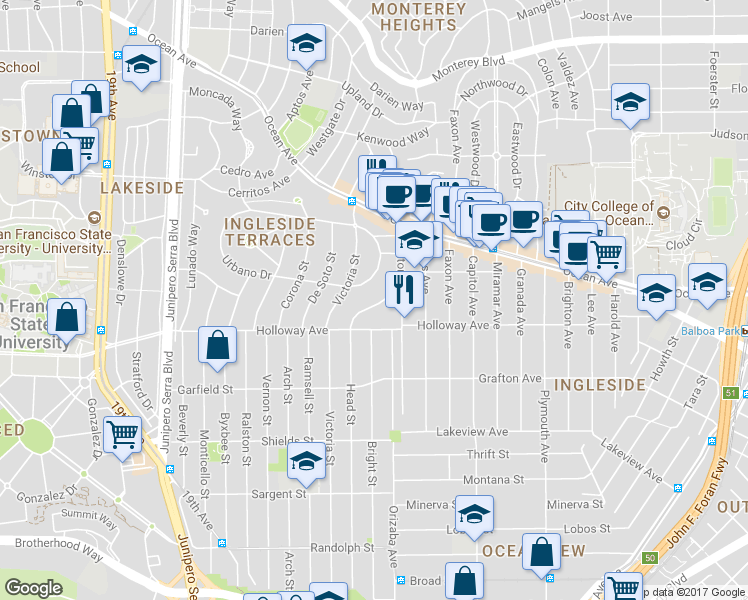 map of restaurants, bars, coffee shops, grocery stores, and more near 920 Holloway Avenue in San Francisco