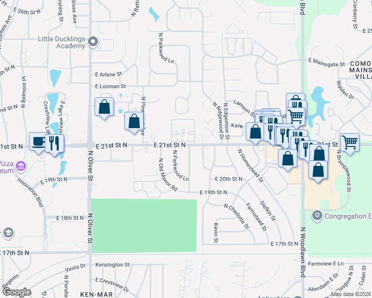 map of restaurants, bars, coffee shops, grocery stores, and more near 2108 N Ridgewood Dr in Wichita