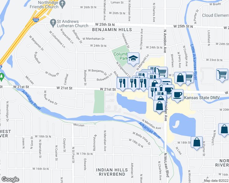 map of restaurants, bars, coffee shops, grocery stores, and more near 2315 West 21st St N in Wichita
