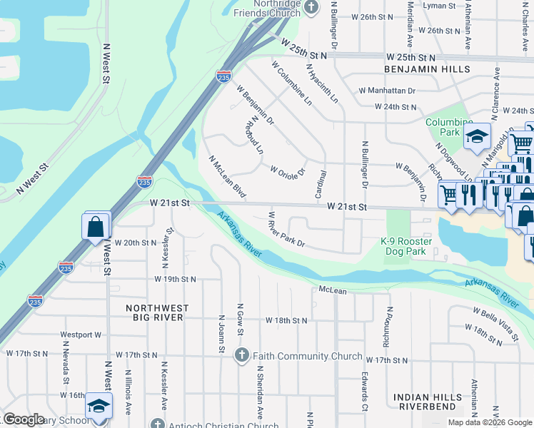 map of restaurants, bars, coffee shops, grocery stores, and more near 3021 West River Park Drive in Wichita