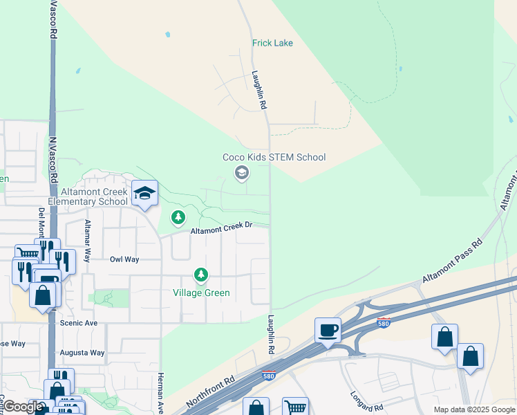 map of restaurants, bars, coffee shops, grocery stores, and more near 6952 Edgewater Lane in Livermore