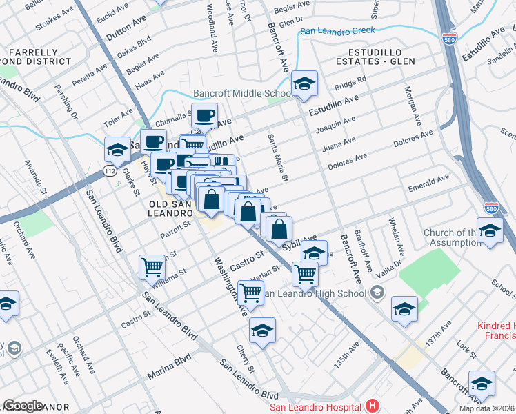 map of restaurants, bars, coffee shops, grocery stores, and more near 348 Maud Avenue in San Leandro