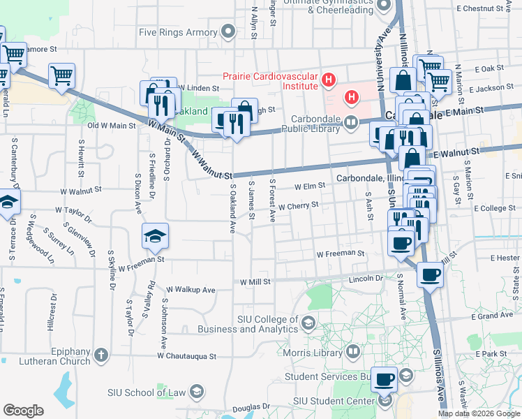 map of restaurants, bars, coffee shops, grocery stores, and more near 906 West Schwartz Street in Carbondale