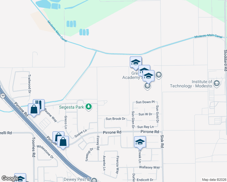 map of restaurants, bars, coffee shops, grocery stores, and more near 5706 Finney Road in Modesto