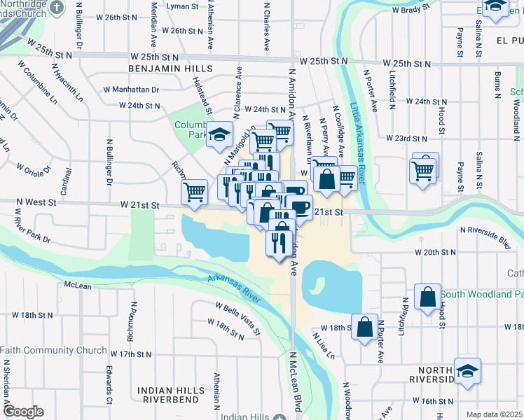 map of restaurants, bars, coffee shops, grocery stores, and more near 2061 West 21st Street in Wichita