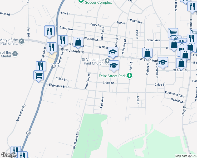 map of restaurants, bars, coffee shops, grocery stores, and more near 1037 Chloe Street in Perryville