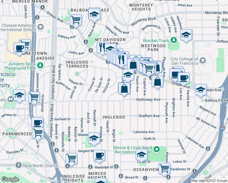 map of restaurants, bars, coffee shops, grocery stores, and more near 920 Holloway Avenue in San Francisco
