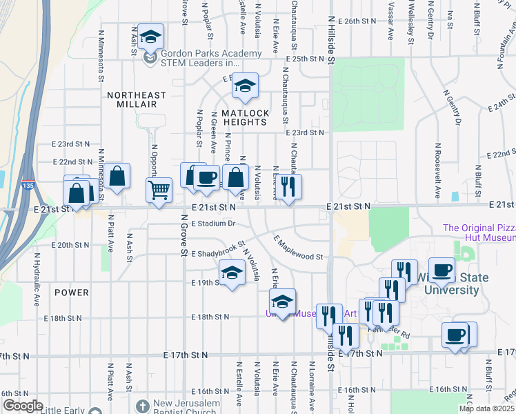 map of restaurants, bars, coffee shops, grocery stores, and more near 1930 North Volutsia in Wichita