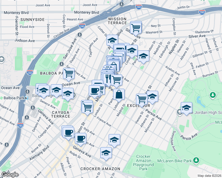 map of restaurants, bars, coffee shops, grocery stores, and more near Persia Ave & London St in San Francisco