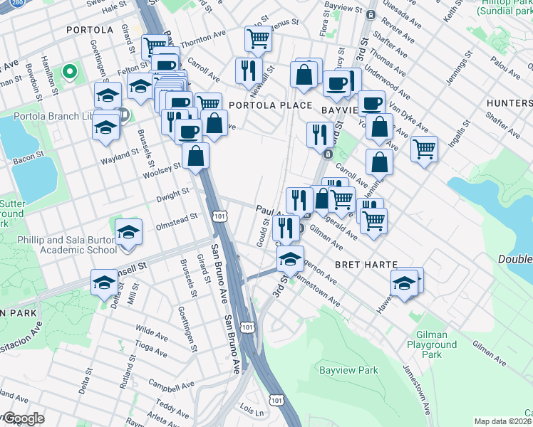 map of restaurants, bars, coffee shops, grocery stores, and more near 200 Paul Avenue in San Francisco
