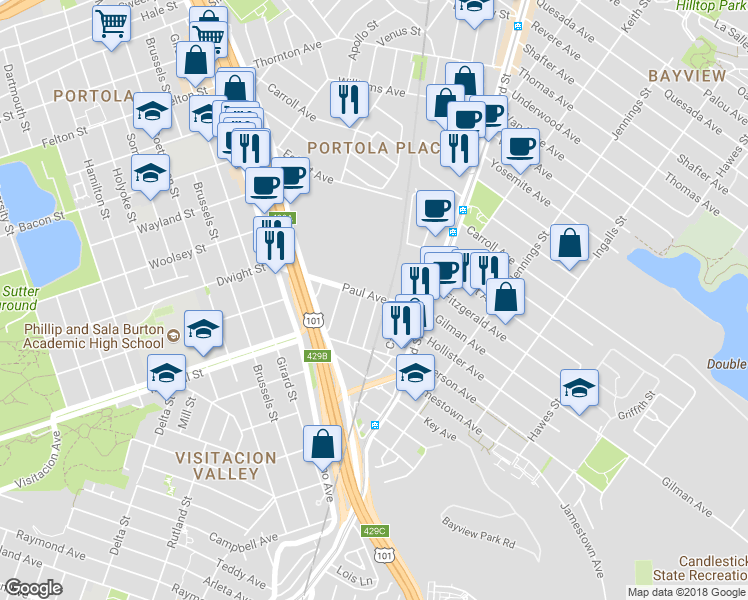 map of restaurants, bars, coffee shops, grocery stores, and more near 201 Paul Avenue in San Francisco