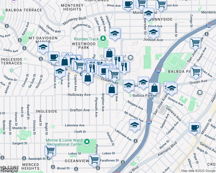 map of restaurants, bars, coffee shops, grocery stores, and more near 1140 Ocean Avenue in San Francisco