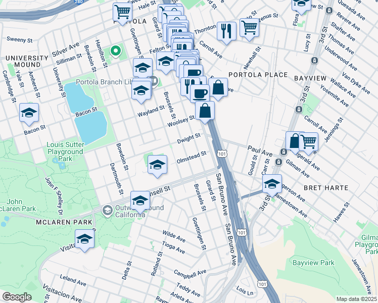 map of restaurants, bars, coffee shops, grocery stores, and more near 719 Girard Street in San Francisco