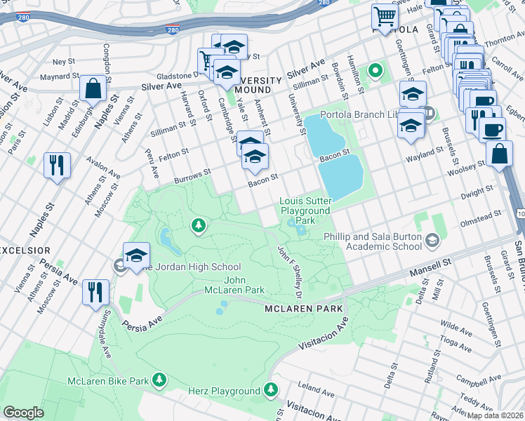 map of restaurants, bars, coffee shops, grocery stores, and more near 456 Yale Street in San Francisco