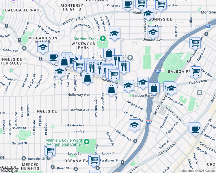 map of restaurants, bars, coffee shops, grocery stores, and more near 1140 Ocean Avenue in San Francisco