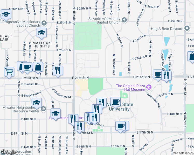 map of restaurants, bars, coffee shops, grocery stores, and more near 3414 East 21st Street North in Wichita