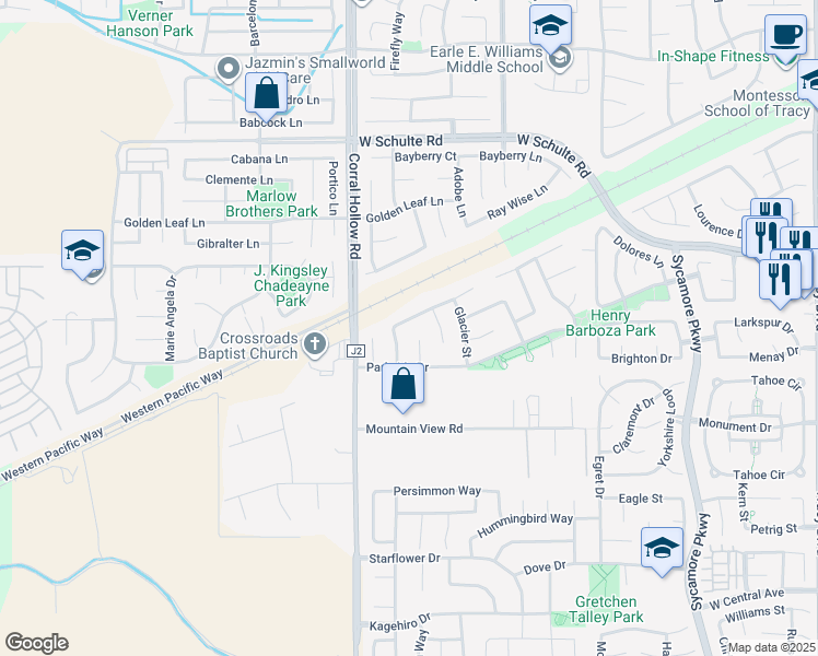 map of restaurants, bars, coffee shops, grocery stores, and more near 1861 Summertime Drive in Tracy