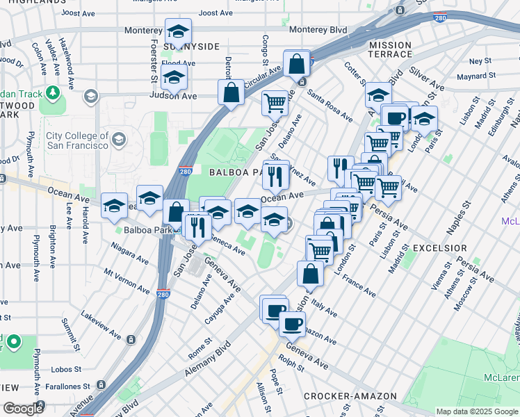 map of restaurants, bars, coffee shops, grocery stores, and more near 248 Ocean Avenue in San Francisco